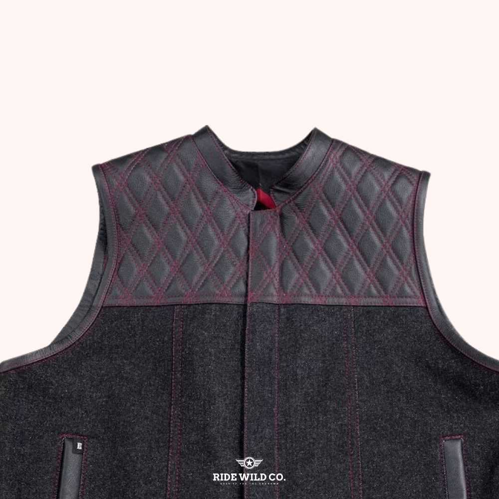 Wayfarer Men's Black Denim Motorcycle Vest - front close up