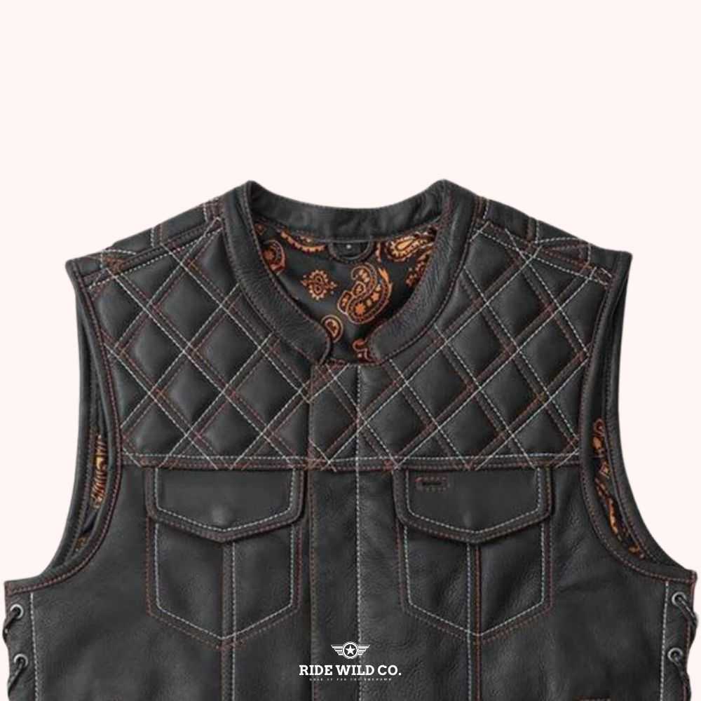 Nomad Men's Distressed Leather Motorcycle Vest - shoulder close up