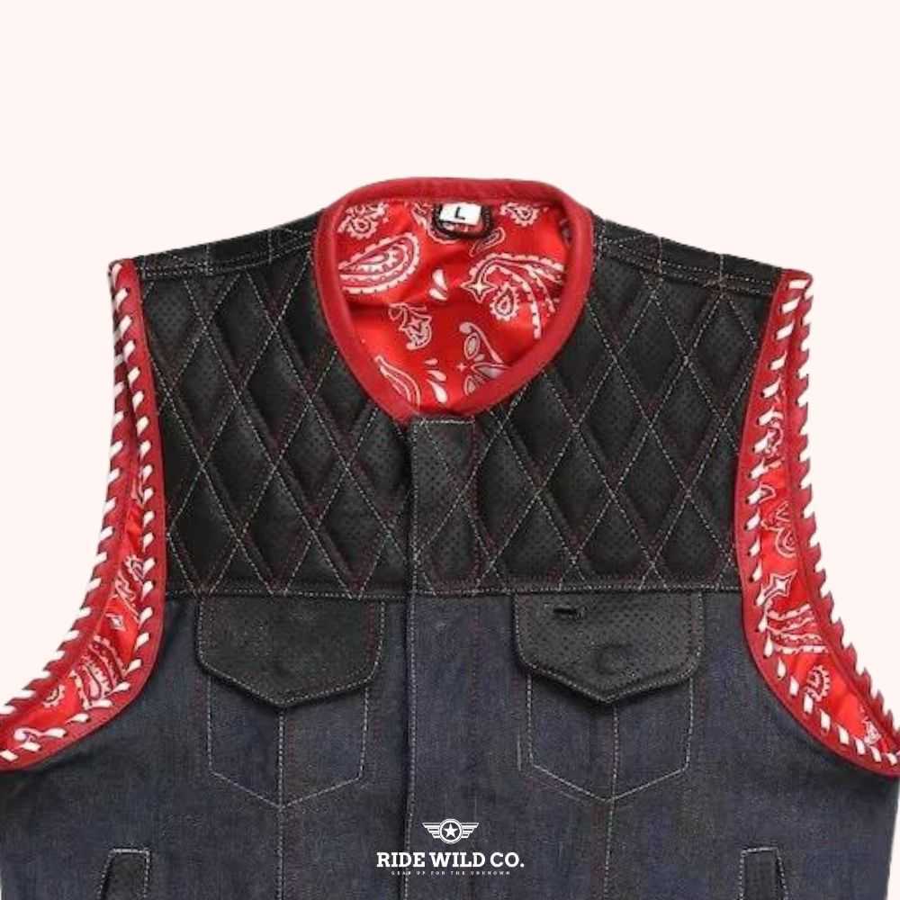 Rush Men's Denim Biker Vest - front close up