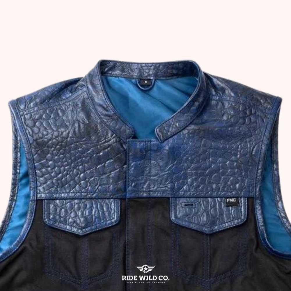 Wild Stallion Men Canvas Biker Vest - front close up