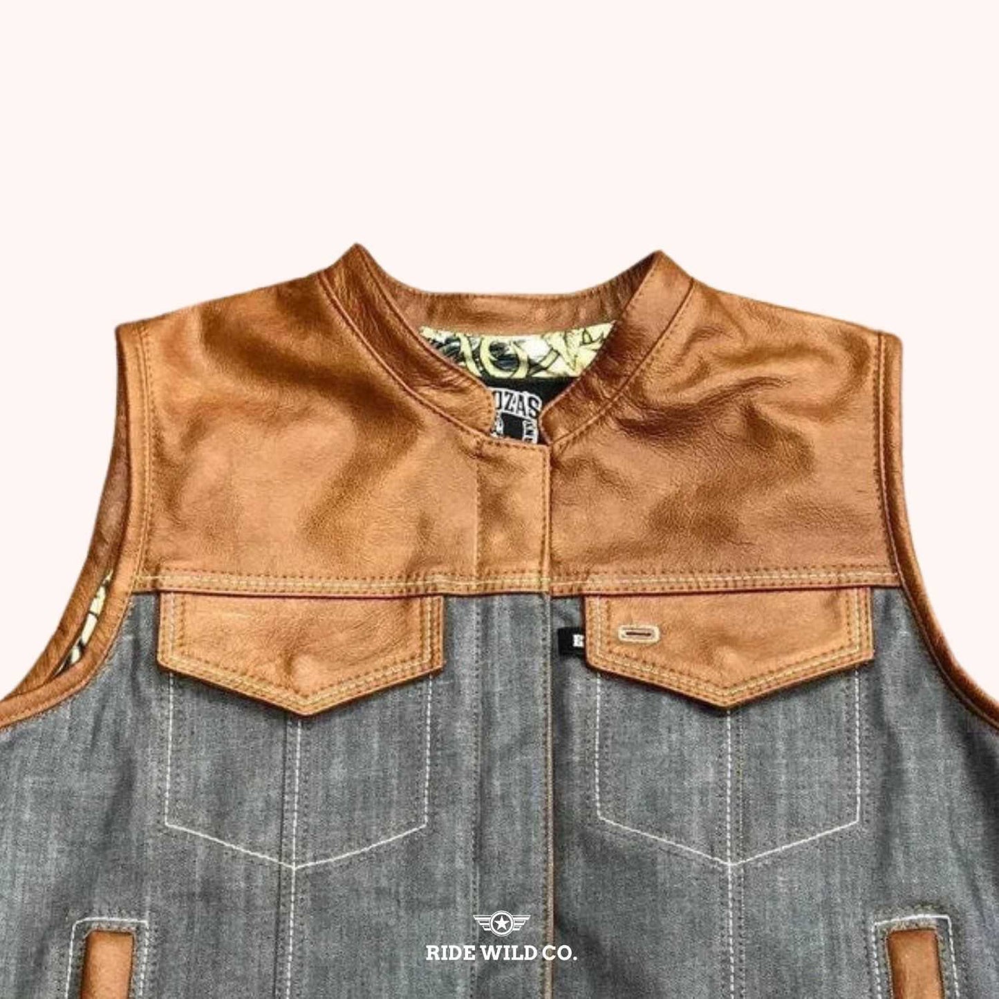 Hades Highway Men Denim Motorcycle Vest - shoulder close up