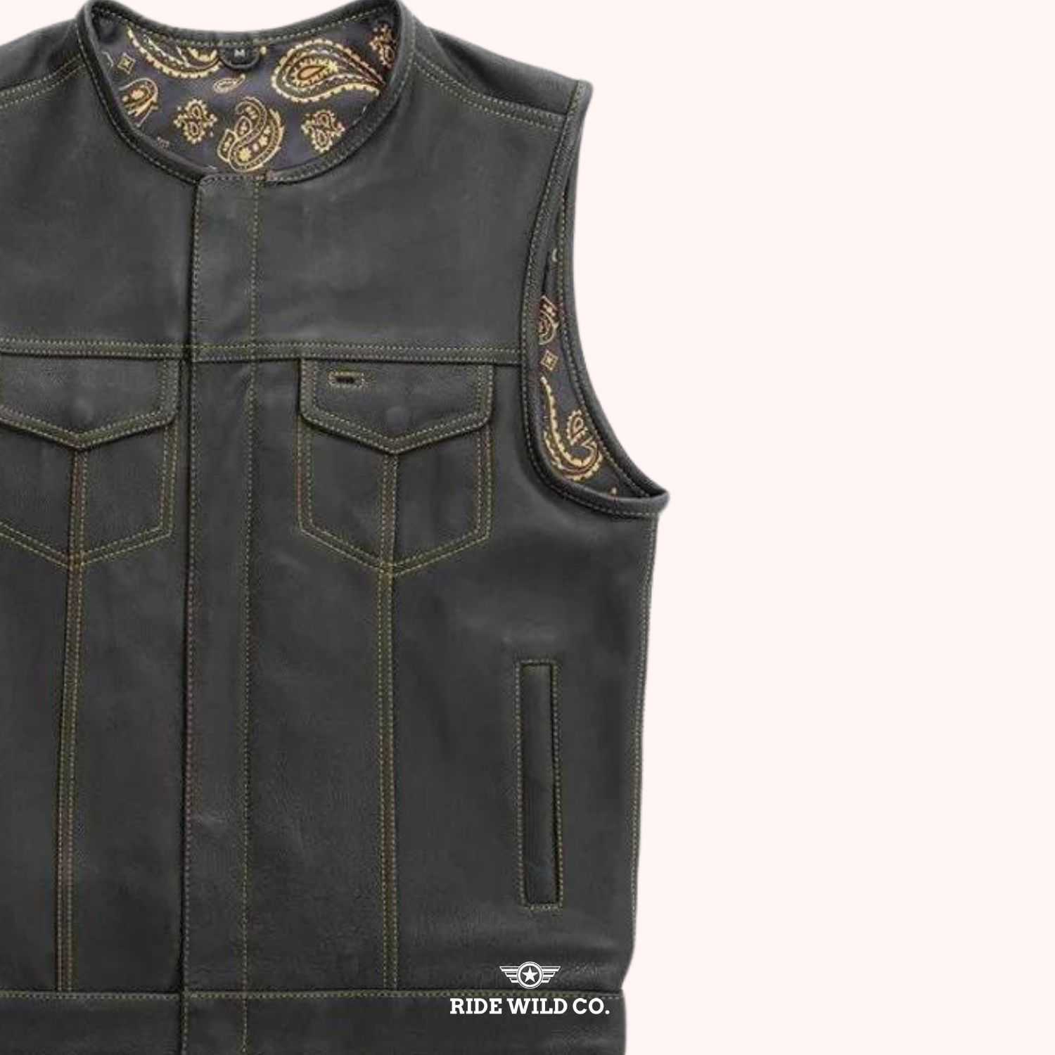 Rebel Rider Men's Black Leather Motorcycle Vest - right close up