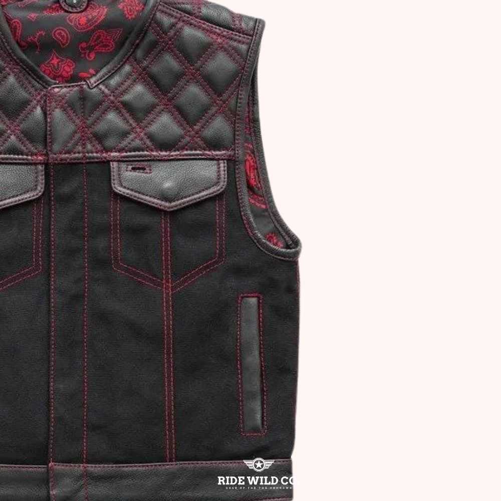 Hunt Club Outlaw Men Leather / Denim Biker Vest - right close up