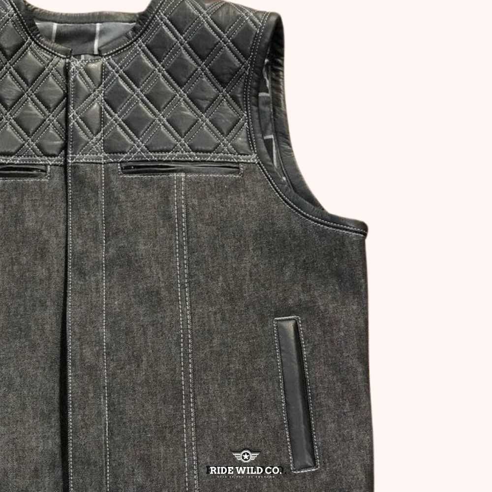 Renegade Rider Men's Distressed Denim Biker Vest - right close up