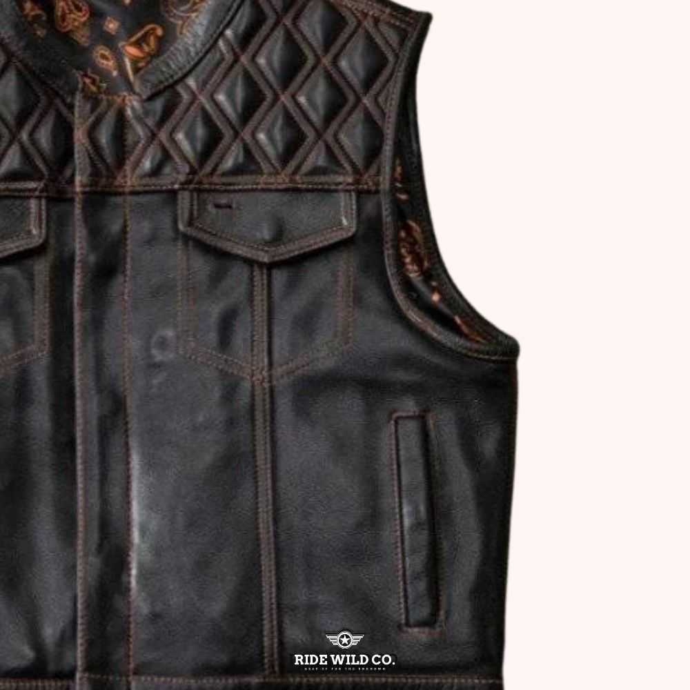 Roadster Men's Black Leather Biker Vest - right close up