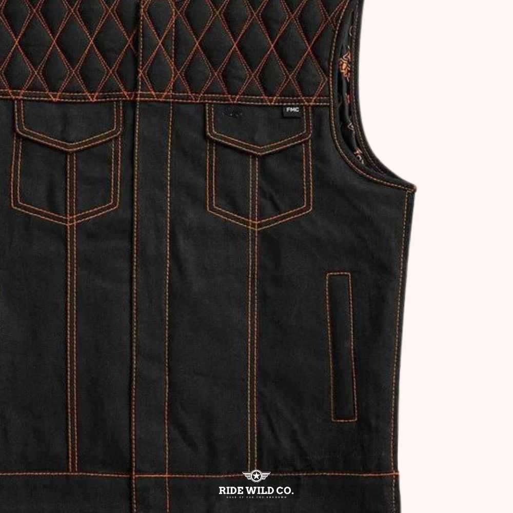 Vintage Worn-In Brown Denim Motorcycle Vest - right close up