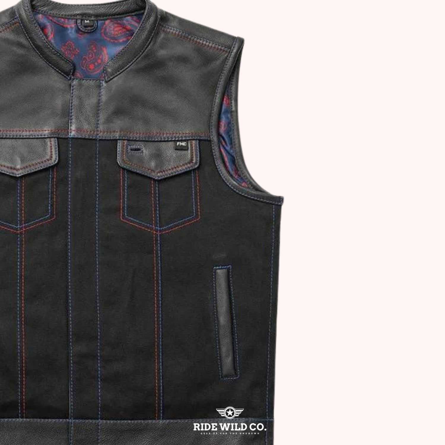 Maverick Men's Leather/Twill Motorcycle Vest - right close up