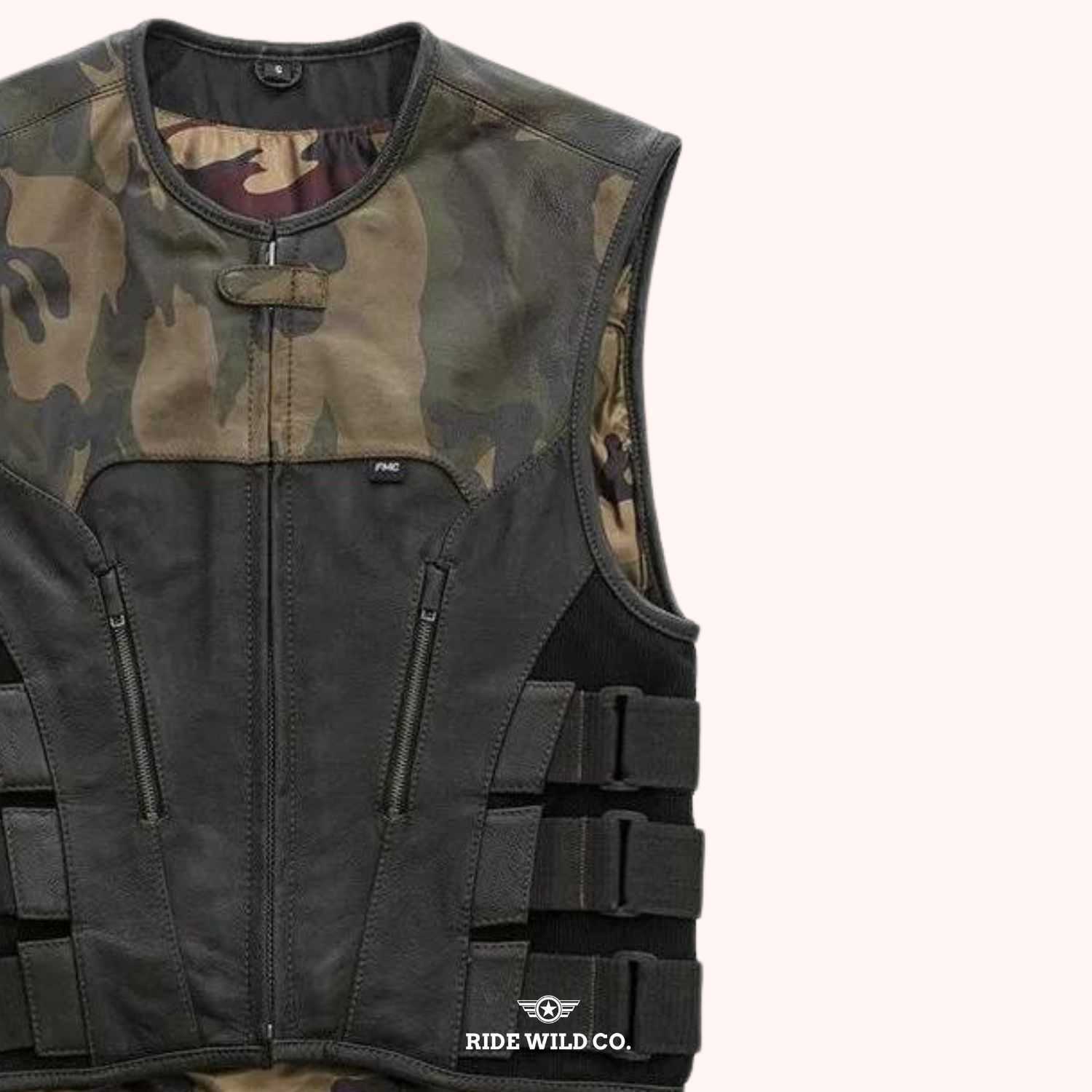 Urban Warrior Men's Distressed Leather Motorcycle Vest - right close up