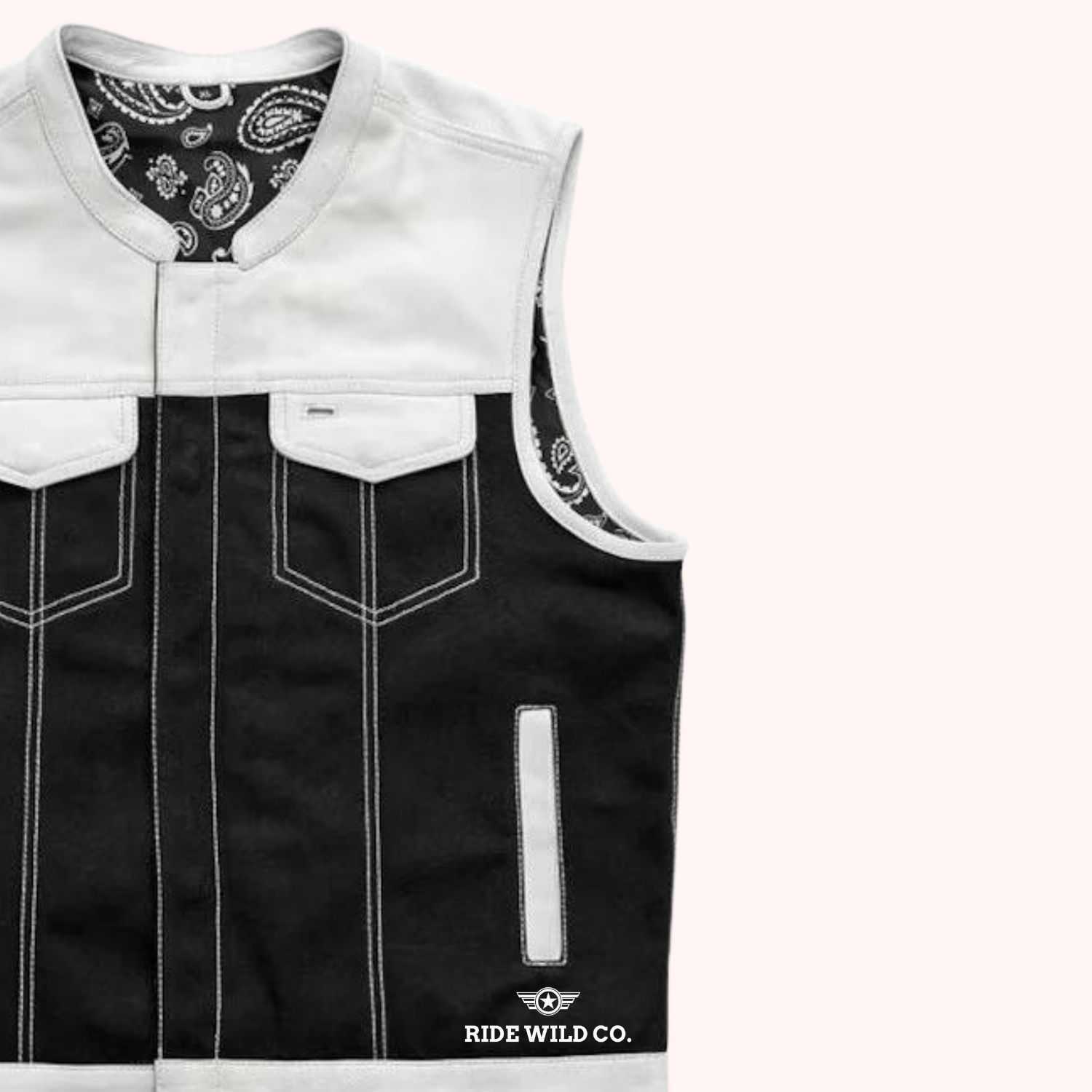 Men's Cashmere-Lined Two-Tone Leather Motorcycle Vest - right close up