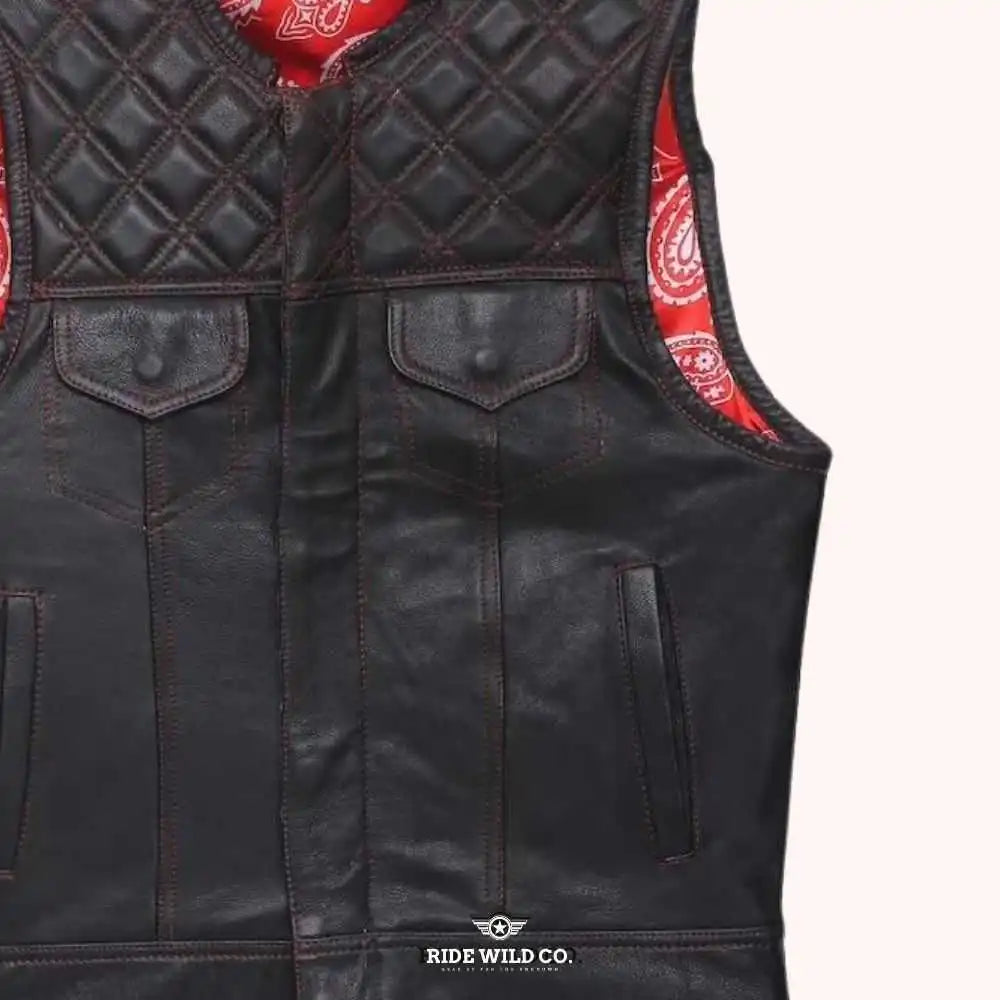 Bandana Ballad Men's Leather Motorcycle Vest - front close up