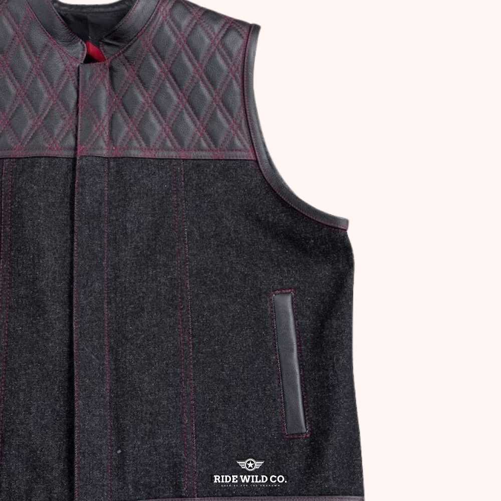 Wayfarer Men's Black Denim Motorcycle Vest - right close up