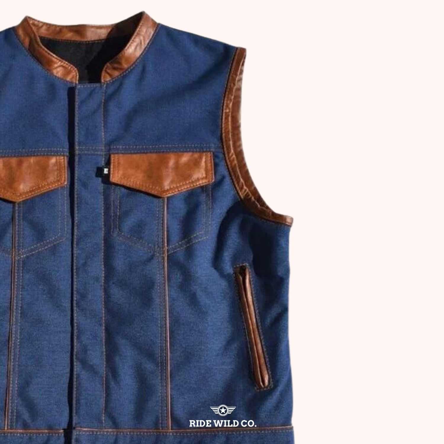 Maverick Sapphire Men's Canvas Motorcycle Vest - right close up