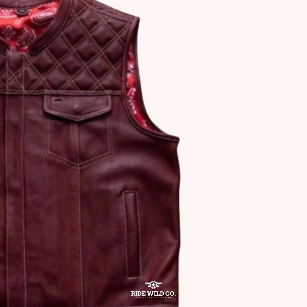 Road Warrior Men's Diamond Quilted Leather Vest - right close up