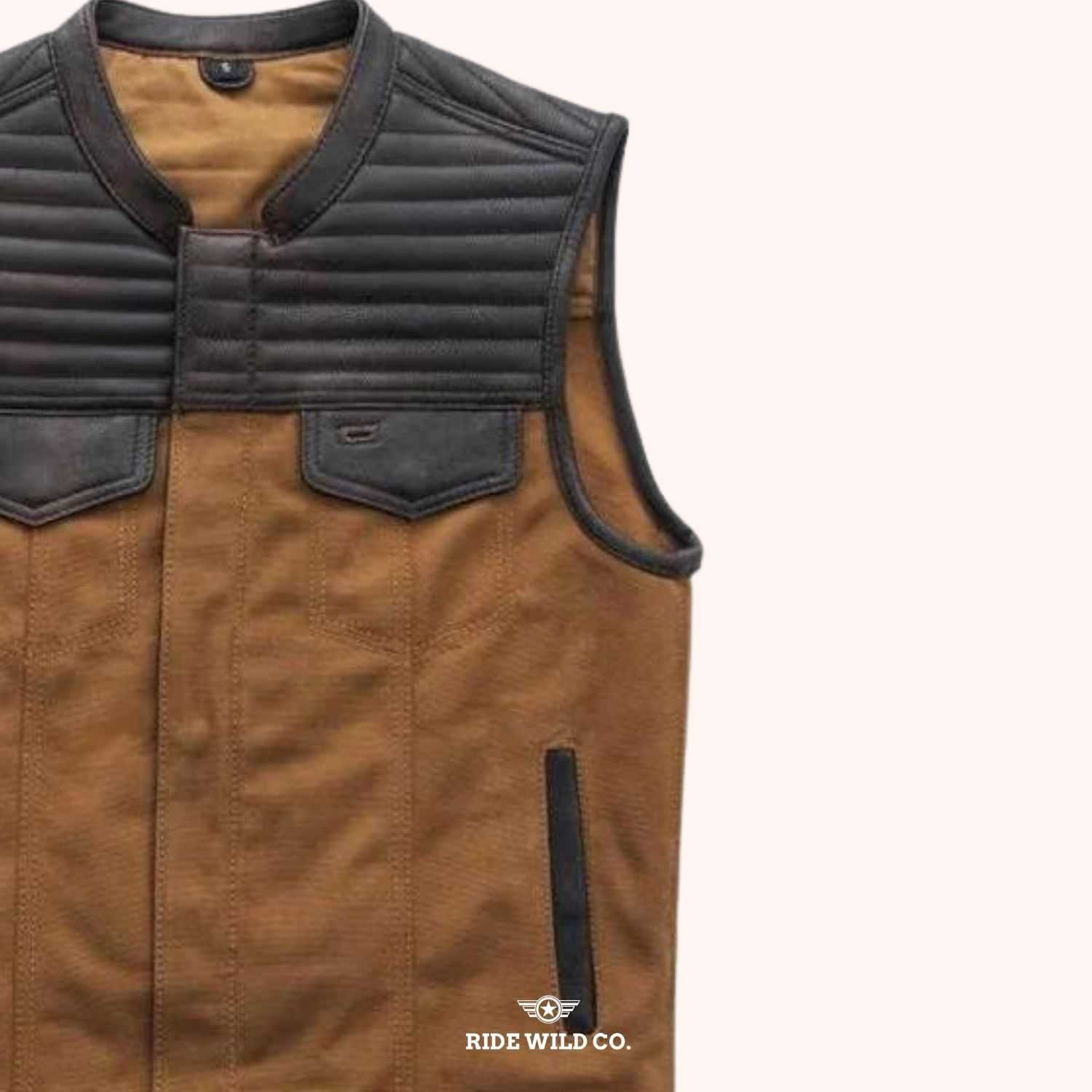 Bison Distressed Leather Motorcycle Vest - right close up