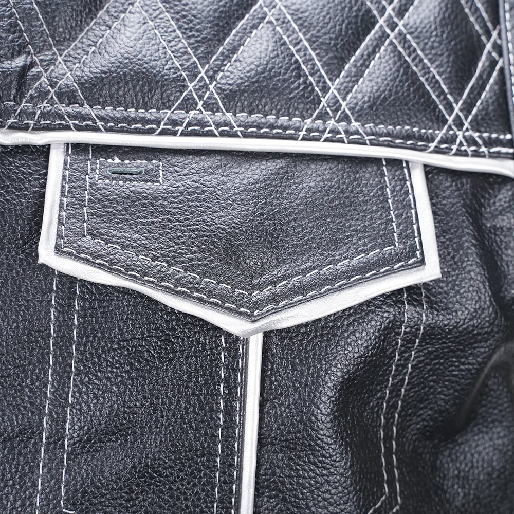 Black Checkered Diamond-Stitched Men's Biker Vest - pocket close up