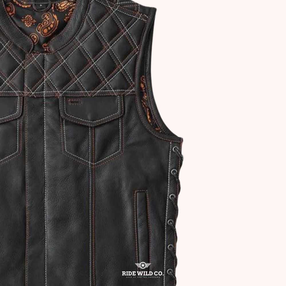 Nomad Men's Distressed Leather Motorcycle Vest - right close up