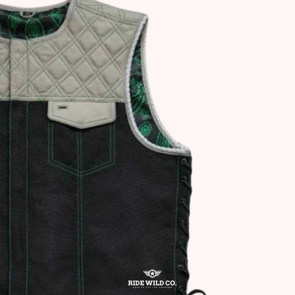 Road Warrior Men's Side-Lace Denim Vest - right close up