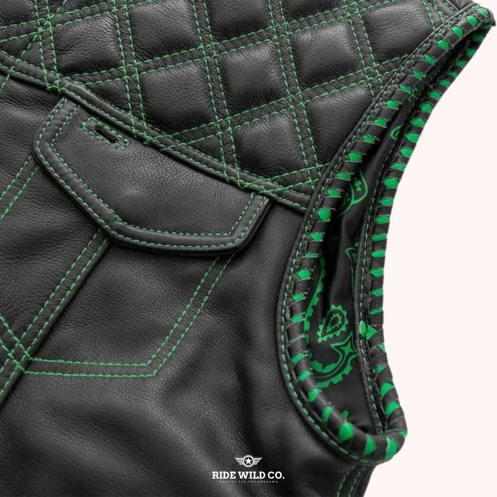 Emerald Archer Vest Men's Motorcycle Leather Vest - armhole close up