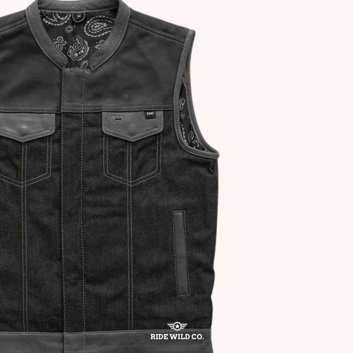 Men's Guardian Denim & Canvas Motorcycle Vest - right close up