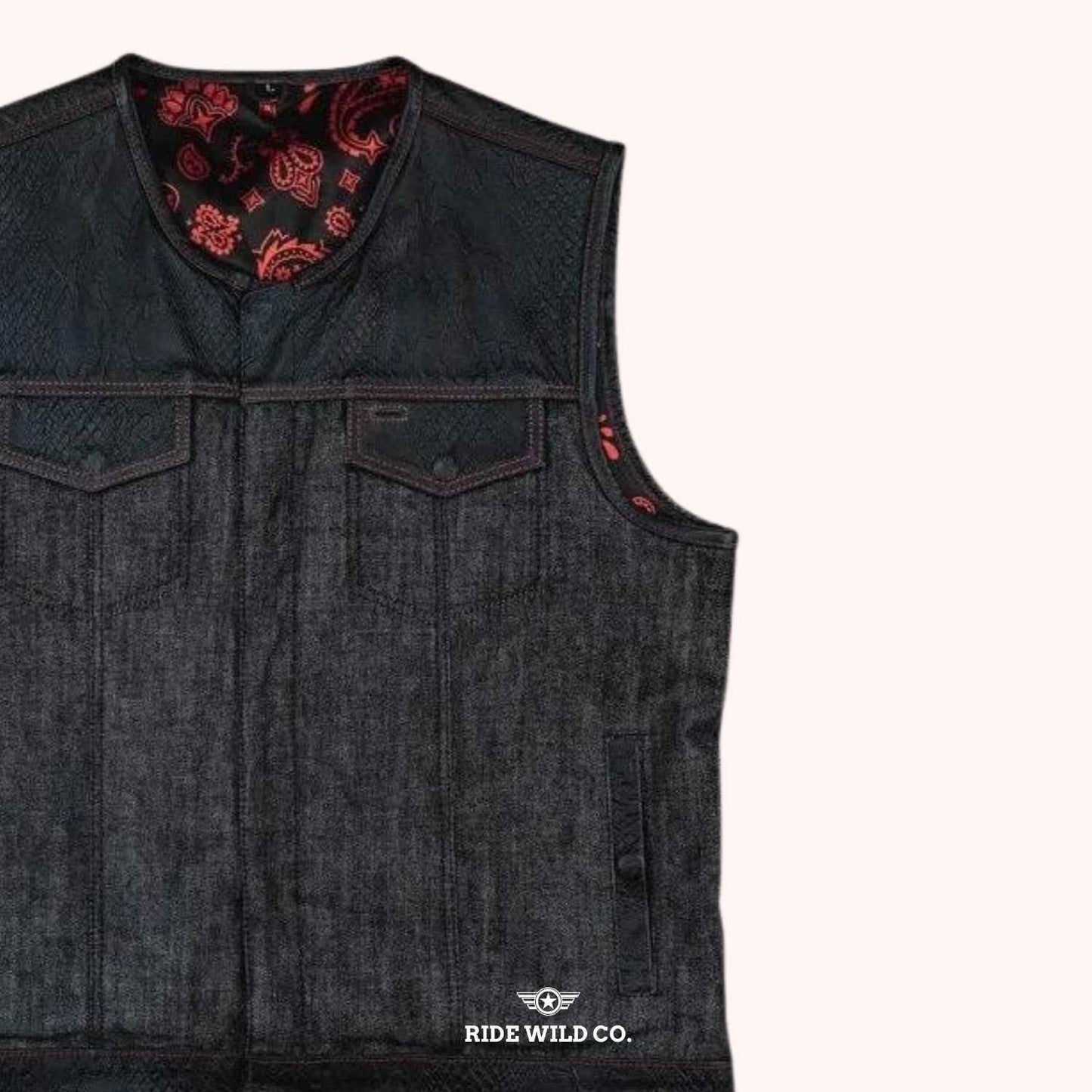 Cinder Rider Men's Ember Denim Vest  - right close up