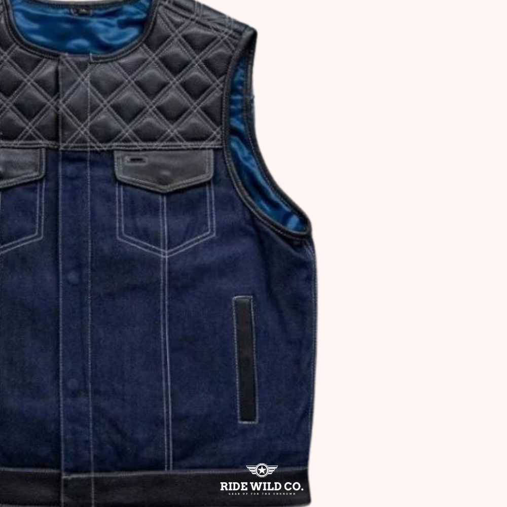 Maverick Hunt Club Men's Denim Biker Vest - right close up