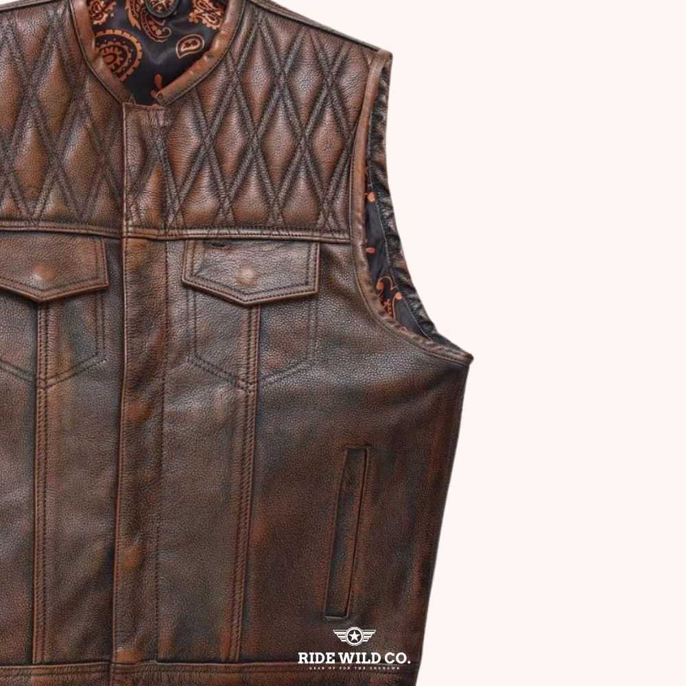 Outlaw Rider Men's Washed Leather Motorcycle Vest - right close up