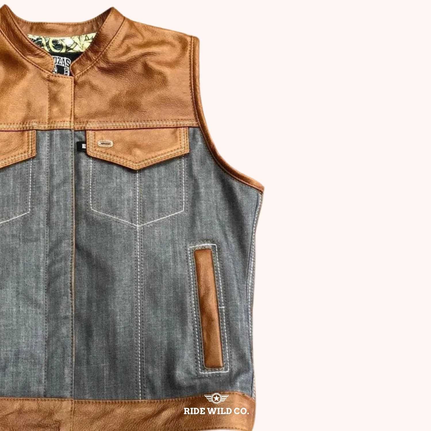 Hades Highway Men Denim Motorcycle Vest - right close up