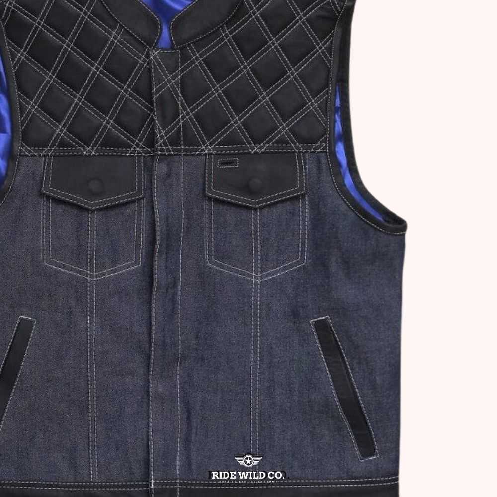 Rugged Denim Diamond Quilted Men Denim Motorcycle Vest - right close up