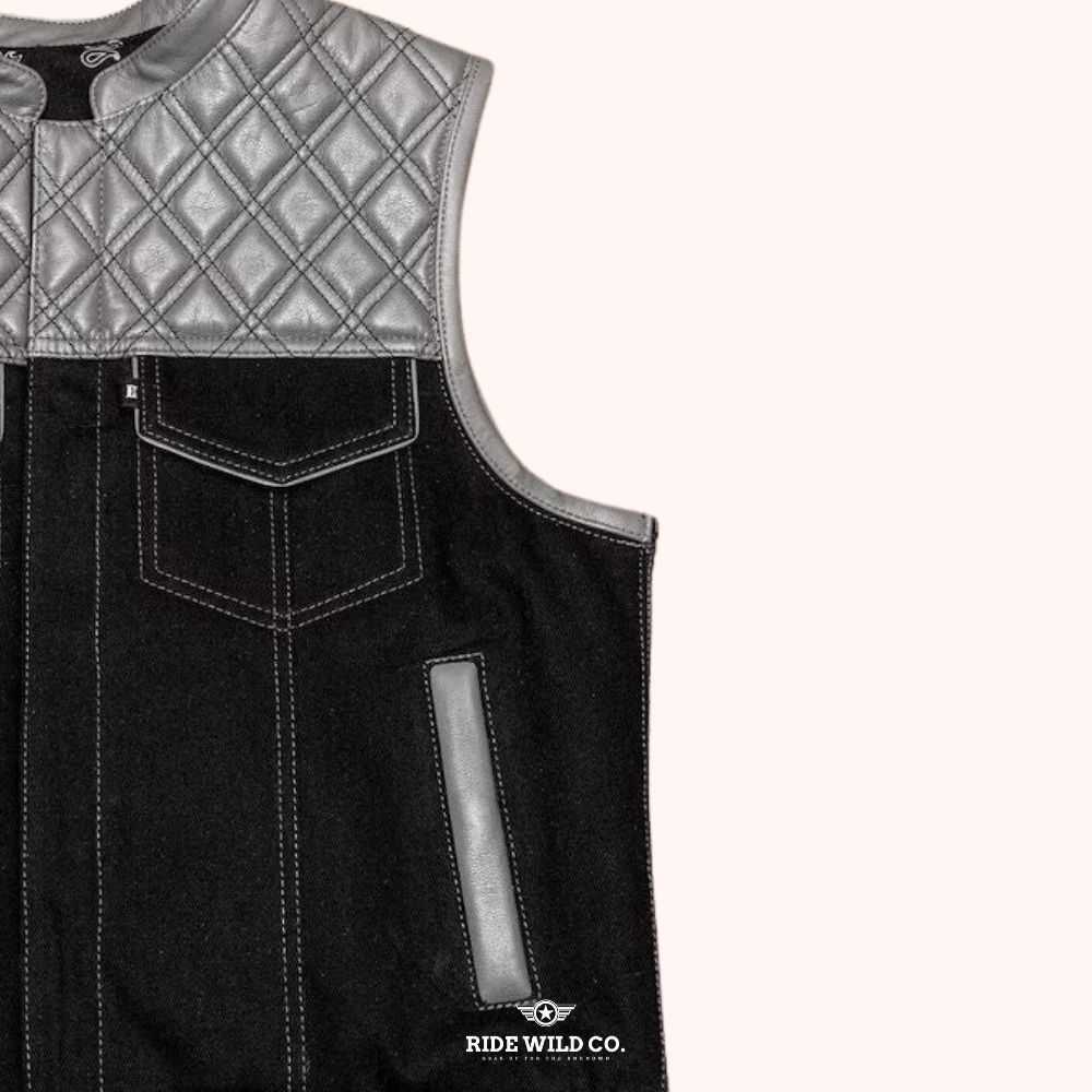 Weave Grey Men's Motorcycle Canvas Vest - left close up