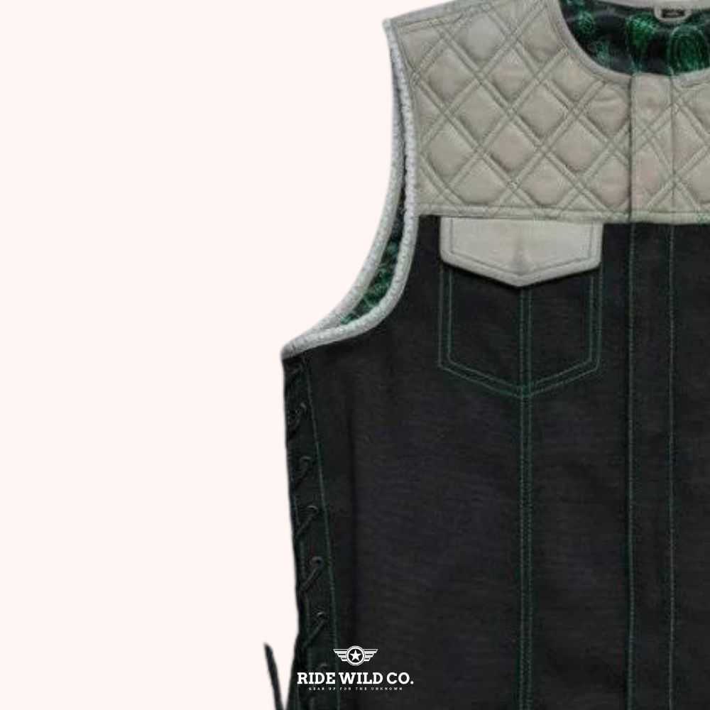 Road Warrior Men's Side-Lace Denim Vest - left close up