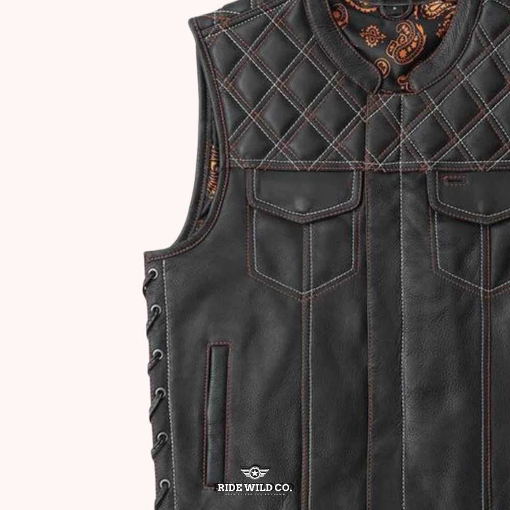 Nomad Men's Distressed Leather Motorcycle Vest - left close up