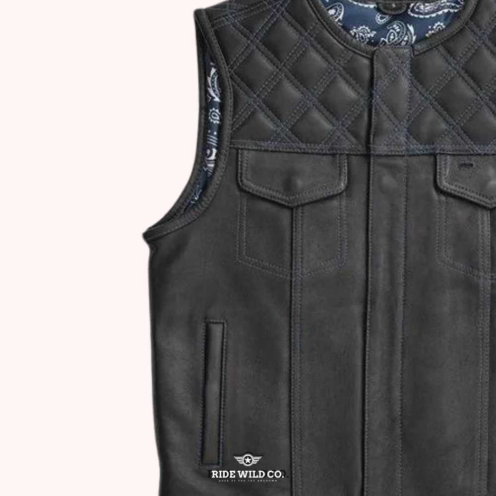 Elite Diamond Cut Men's Quilted Leather Vest - left close up