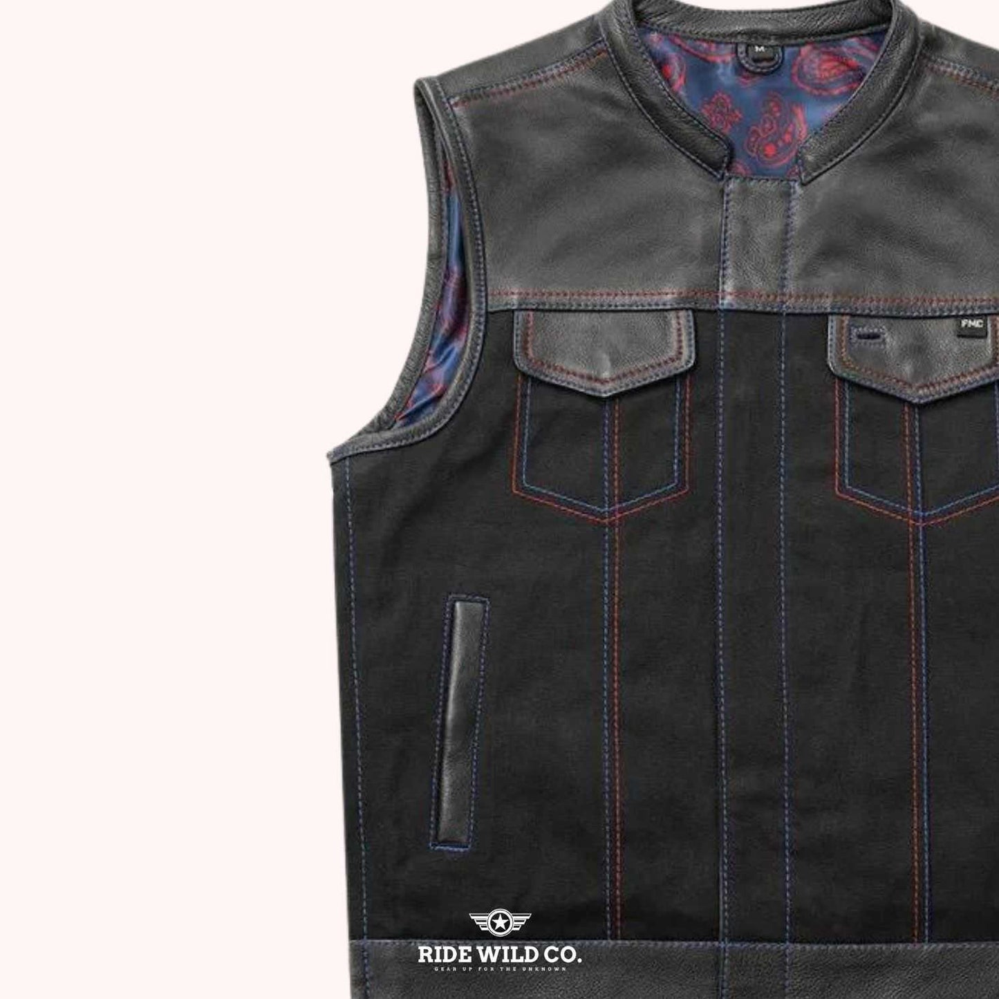 Maverick Men's Leather/Twill Motorcycle Vest - left close up