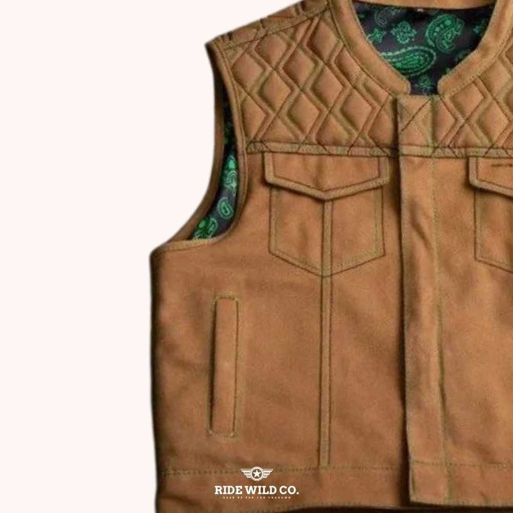 Open Road Men's Brown Distressed Canvas Biker Vest - left close up