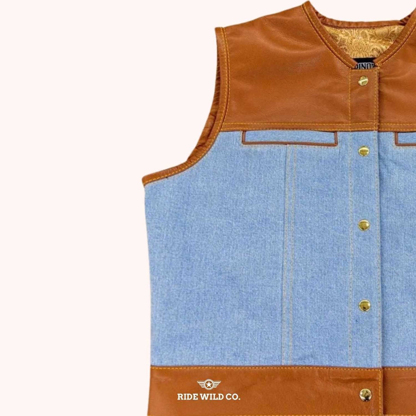 Brave Rider Men Denim Biker Vest - left close up