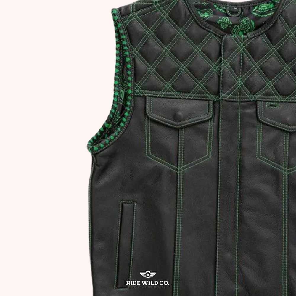 Emerald Archer Vest Men's Motorcycle Leather Vest - left close up