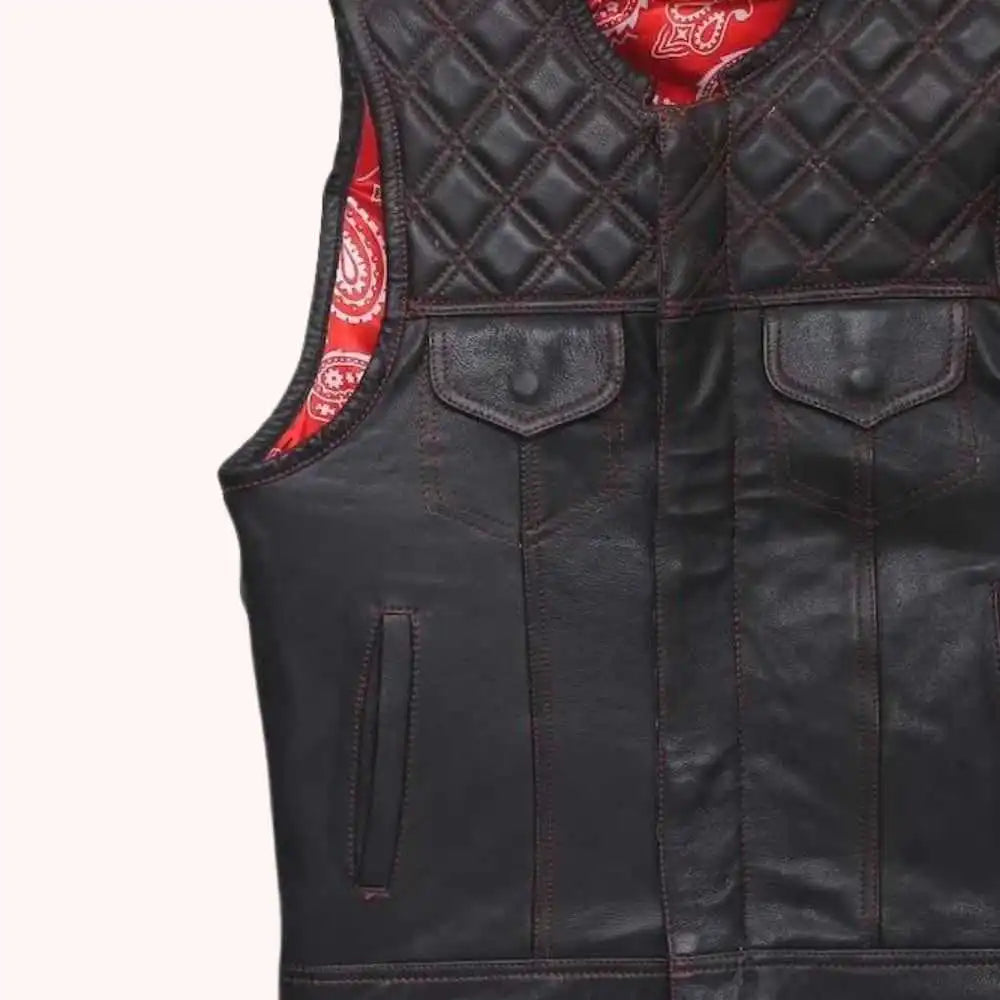 Bandana Ballad Men's Leather Motorcycle Vest - left close up