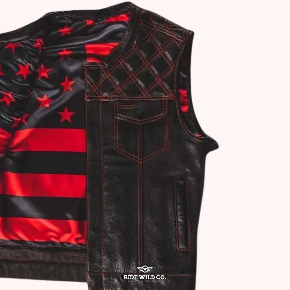 Renegade Black Distressed Men's Motorcycle Leather Vest - inner close up