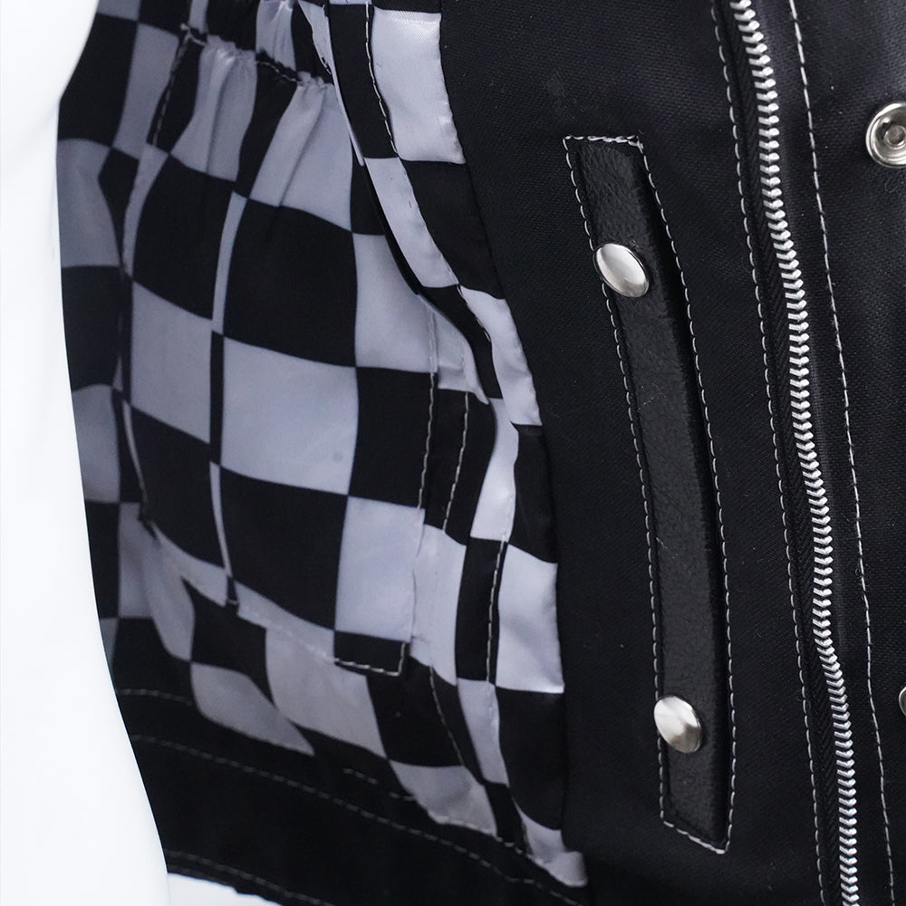 Black Checkered Diamond-Stitched Men's Biker Vest - inner close up