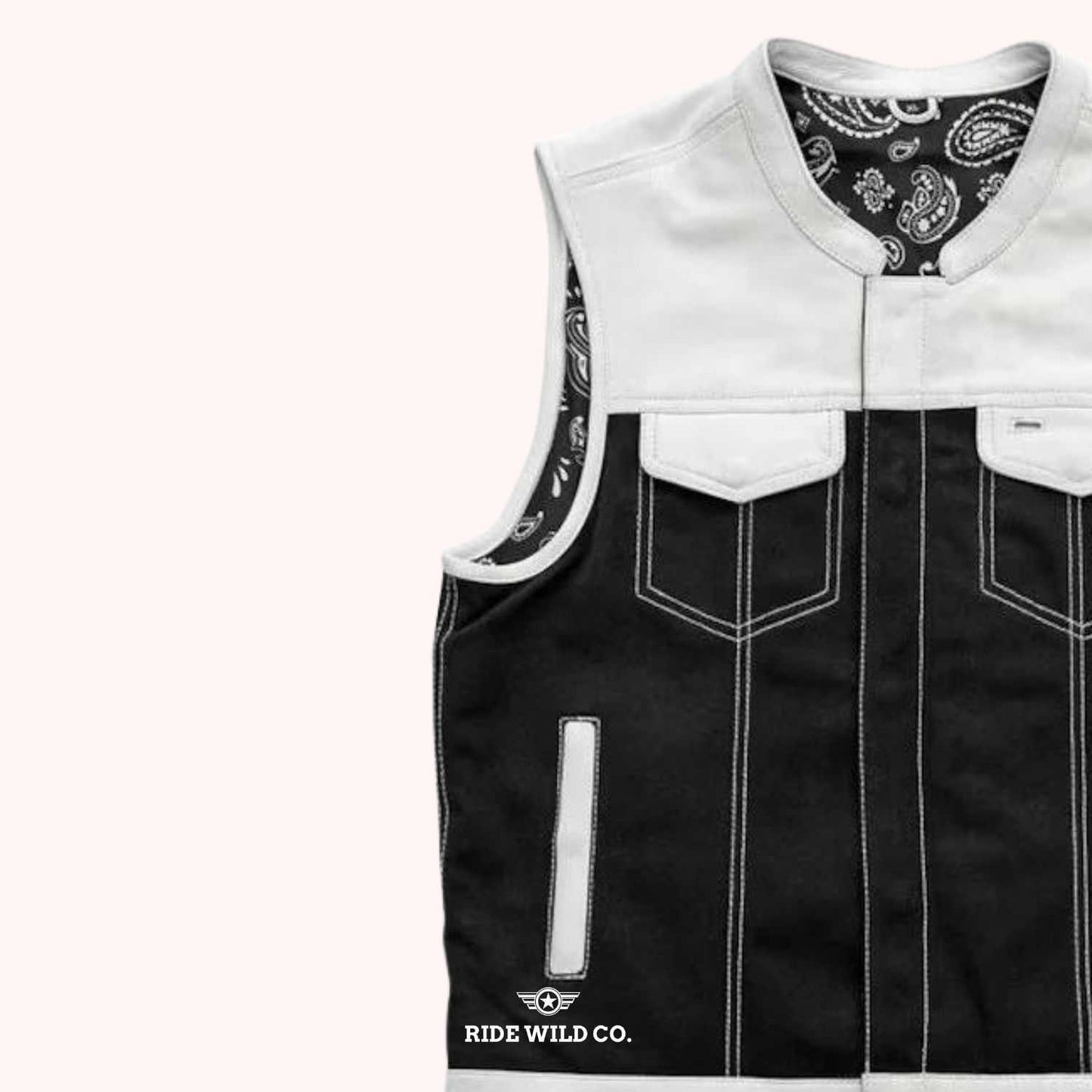 Men's Cashmere-Lined Two-Tone Leather Motorcycle Vest - left close up