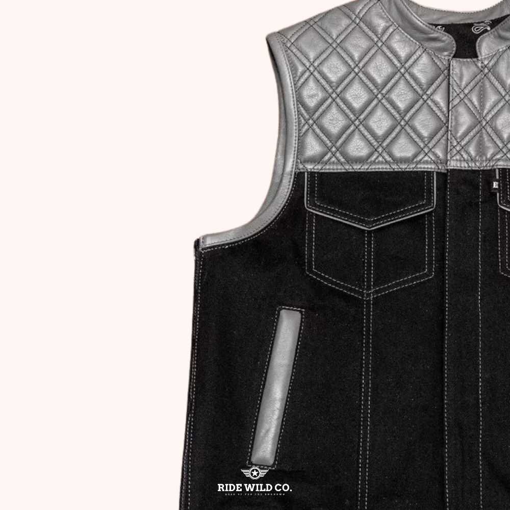 Weave Grey Men's Motorcycle Canvas Vest - right close up