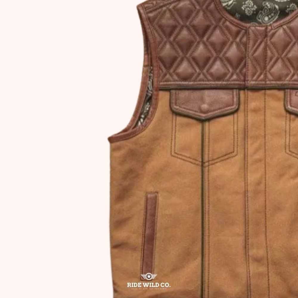 Sleek Cruiser Men Canvas Biker Vest - left close up