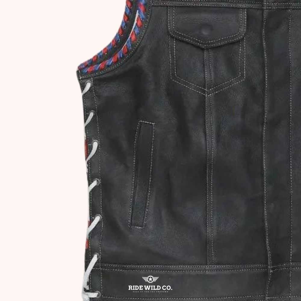 Maverick Men's Leather Motorcycle Vest - left close uo