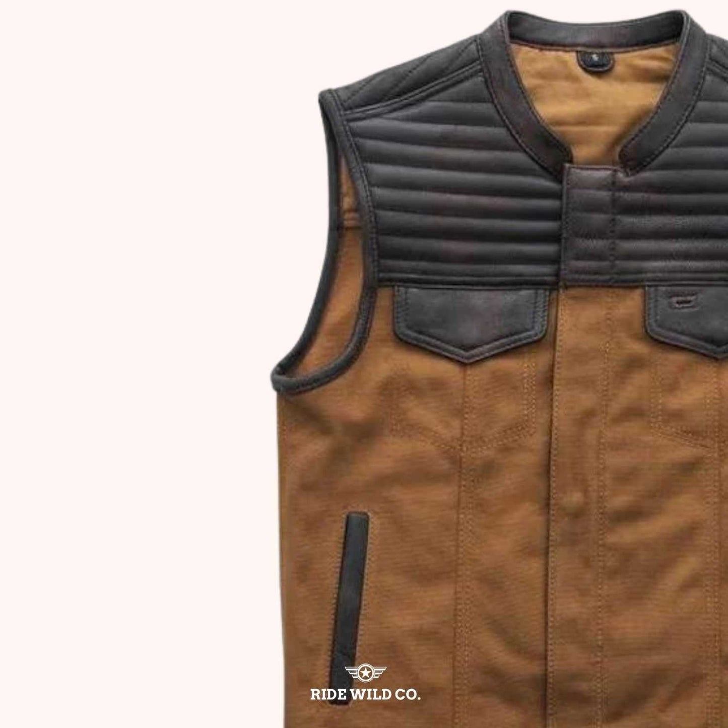 Bison Distressed Leather Motorcycle Vest - left close up