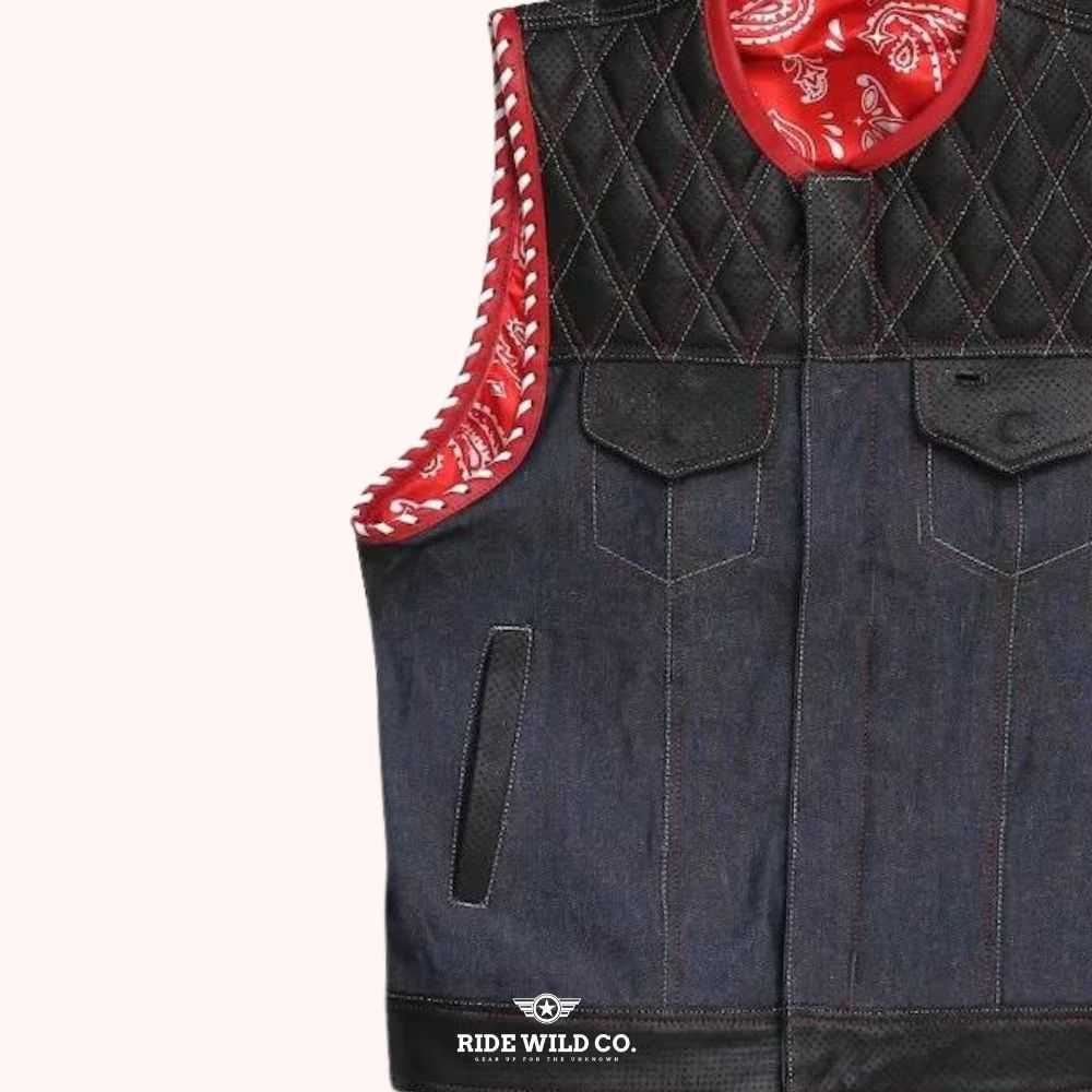 Rush Men's Denim Biker Vest - left close up