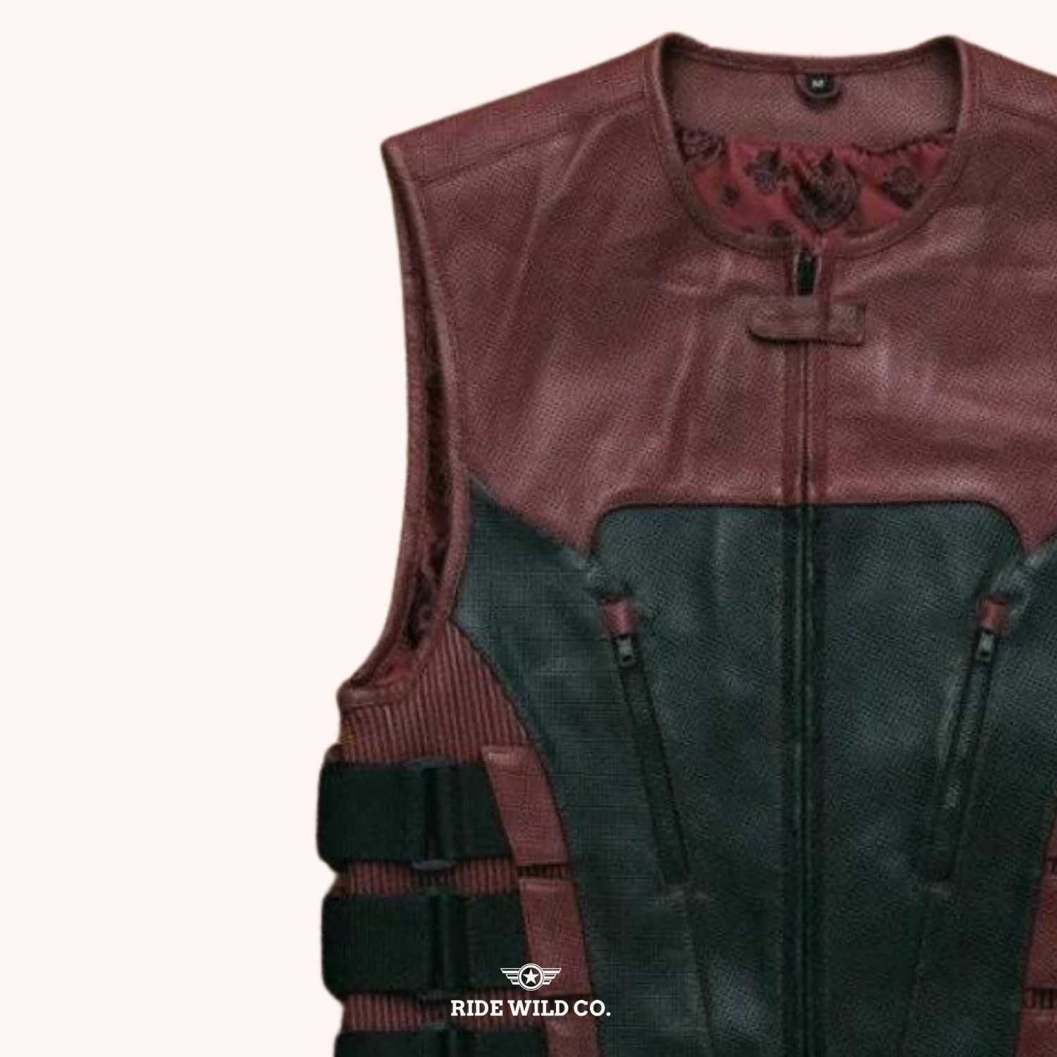 Spec Ops Men's Black Leather Biker Vest - left close up