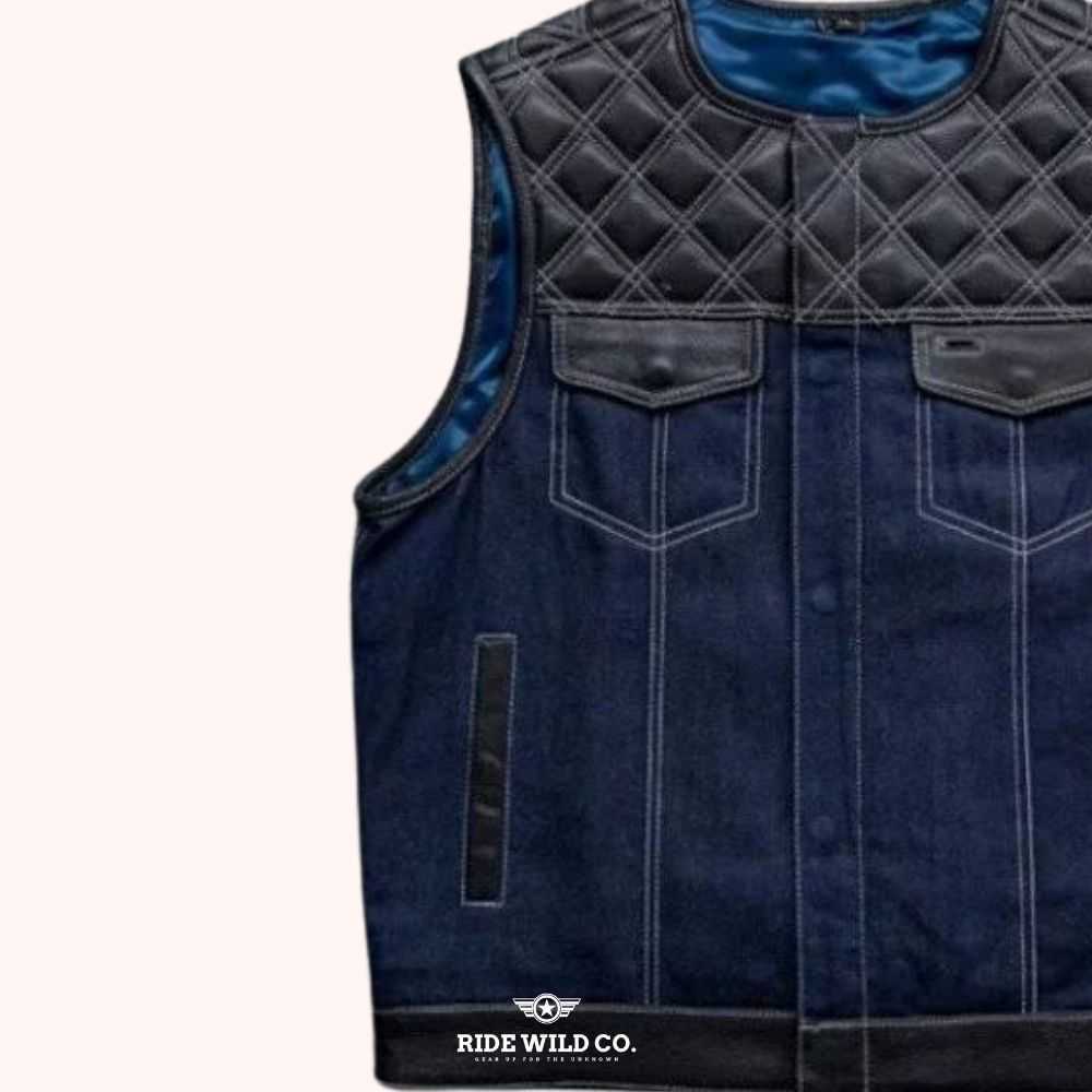 Maverick Hunt Club Men's Denim Biker Vest - left close up