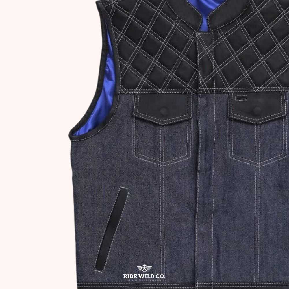 Rugged Denim Diamond Quilted Men Denim Motorcycle Vest - left close up