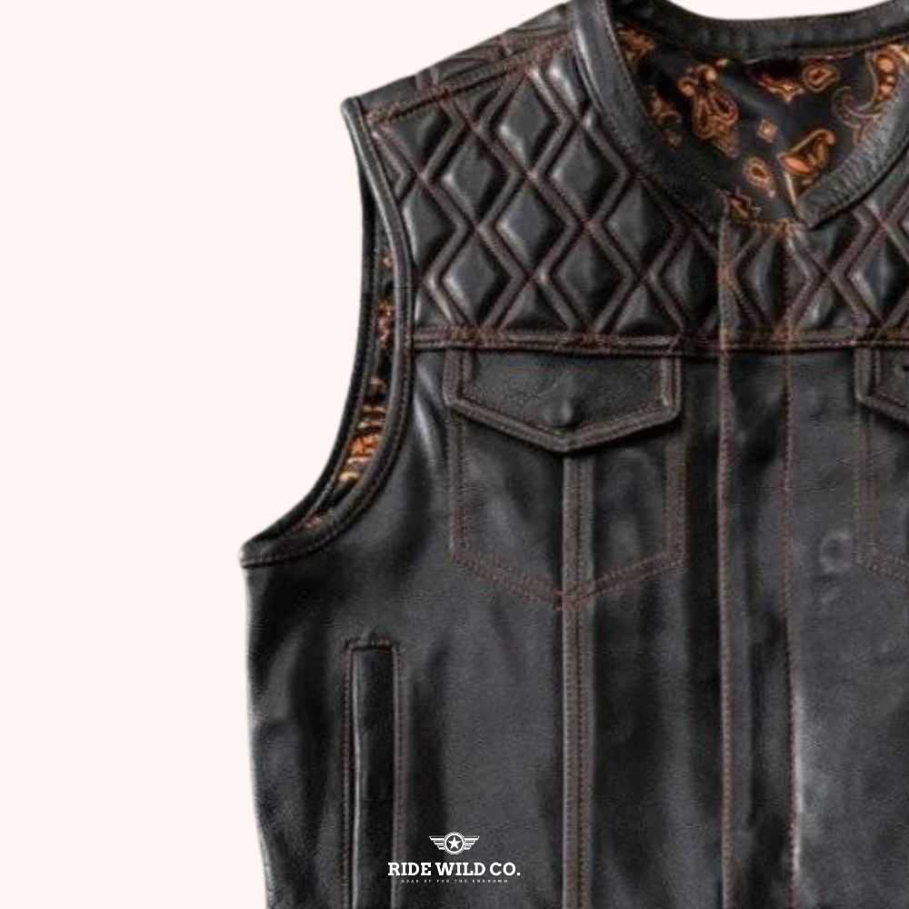 Roadster Men's Black Leather Biker Vest - left close up