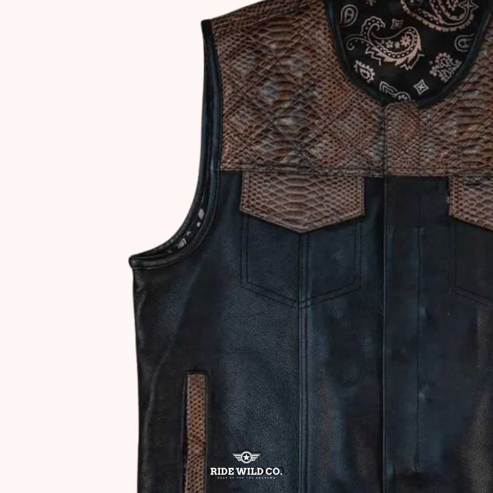 Aviator Brown Distressed Men Canvas Biker Vest - left close up